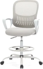 DUMOS Drafting Chair - Ergonomic Tall Office for Standing Desk, Counter with Height Adjustable and Comfortable Lumbar Support, Fixed Armrests, Grey