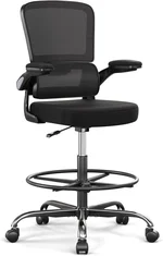 Ergonomic Drafting Chair with Footrest,Tall Office Chair for Standing Desk with Flip-up Armrests with Breathable Comfy Mesh Support and Adjustable Foot Rest Ring(Black)