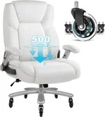 Big and Tall Office Chair with 3D Flip Arms, 500lbs PU Leather Home Office Chair with Ergonomic Lumbar Support, High Back Heavy Duty Computer Chair Desk Chair (White)