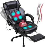 6 Points Massage Office Chair with Heat,Reclining Office Chair with Foot Rest,Vibration Home Office Desk Chairs for Heavy People 400lbs,Ergonomic Managerial Executive (Black)