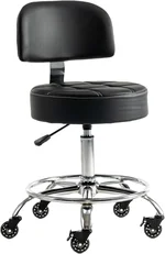 Rolling Stool with Back Support and Locking Rubber Wheels, 16'' Thick Seat Cushion, 360° Swivel, Foot Rest, Heavy Duty Comfy Rolling Stool Adjustable Height for Home Bar Kitchen Shop (Black)