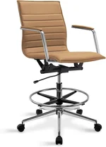 2xhome Modern Drafting Chair | Upholstered PU Leather Ribbed | Tall Adjustable Swivel Base with Leg Rest and Tilt Lock for Computer, Home, Executive, Conference Parent (1, Beige, with Arms)