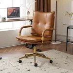 Luxury Faux Leather Executive Office Chair with Gold/Sliver Legs and Adjustable Swivel – Style Meets Comfort Task Chair (Camel &Golden Legs)