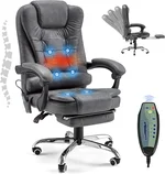 Heated Executive Office Chair with 7 Points Vibration Massage, Adjustable Height Home Office Desk Swivel Chair with Footrest Lumbar Back Support Fabric Computer Chair, Leather Grey