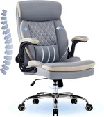Executive Chair, Heavy Duty Ergonomic Office Chair with Extra Wide Seat, High Back Big and Tall Leather Computer Chairs with Flip-up Armrest and Lumbar Support, Grey/Blue