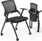YUNWANG 2 Pack Stackable Conference Room Chairs with Wheels, Folding Office Chair with Rebound Back, Padded Seat for Training Room, Guest, Reception, Event, Capacity 350lbs, Black