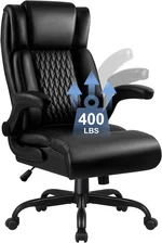 Big and Tall Office Chair, Ergonomic Leather Office Computer Desk Chair, Black Heavy Duty Office Chair with Flip-up Armrest, Comfortable High Back Home Chair 400 LBS with Lumbar Support