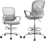 Drafting Chair Tall Office Chair for Standing Desk Counter Height Adjustable, Egronomic Lumbar Support with Fixed Armrest, Footrest, Rolling, Grey, 1pc