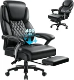 Big and Tall Office Chair with Footrest, Ergonomic Executive Leather Office Chair, Leather Office Computer Desk Chair with Foot Rest, Heavy Duty High Back Office Chair with Lumbar Support, Black