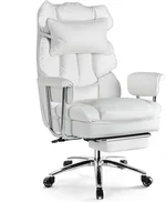 Sweetcrispy Executive Home Office Desk Chair - Ergonomic Big Tall High Back with Footrest & Lumbar Support, Reclining Height Adjustable, Comfy PU Leather Computer Gaming with Swivel Wheels, White