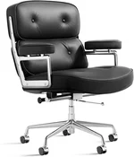 Genuine Leather Executive Chair Mid Back Office Desk Chair Aluminum Alloy Frame Thick Plush Cushion Lumbar Support Swivel Office Chair with Quiet Wheels Reclining Home Business Chairs - Black