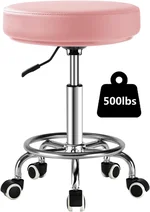 Adjustable Rolling Stool with Wheels Heavy Duty 500lb Round RollingStool with Footrest, Patent Leather Drafting Stool Chair with Wheels Work Spa Salon Seat, Pink