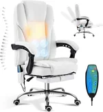 Reclining Massage Office Chair with Footrest, High Back Ergonomic Executive Chair with Heating and Vibration Function(White)