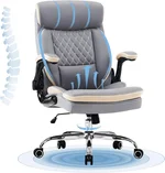 Executive Office Chair, Ergonomic Leather Office Chairs with Lumbar Support Flip-up Armrest, High Back Comfy Computer Desk Chair for Home Office Furniture Conference Room, Grey/Blue