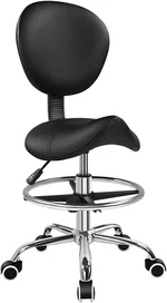 KKTONER Black Saddle Drafting Chair with Back Swivel Office Chair with Footrest Height Adjustable for Work Home Computer Task Stool Chair with Wheels