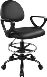 KKTONER Black Drafting Chair with Footrest Swivel PU Leather Rolling Stool Chair with Wheels Height Adjustable Office Chair with Armrests Computer Desk Chair