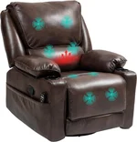 HOMCOM Recliner Chair with Vibration Massage and Heat, Oversized PU Swivel Rocker Single Sofa with Remote, Footrest, Cup Holders and Side Pockets, Manual Reclining Chair for Living Room, Brown