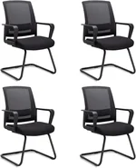 CLATINA Home Office Desk Chair No Wheels Set of 4, Ergonomic Executive Mid Back Mesh Space Air Mesh Computer Chairs with Comfy Arms and Lumbar Support for Home Waiting Reception Guest, Black