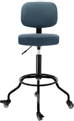 Heavy Duty Garage Stool with Ergonomic Backrest - Lockable Rubber Wheels & High Footrest, 360° Swivel, Adjustable Height for Work Shop Workbench, 350lbs Capacity (Blue, 26"-31")