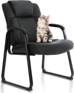 CLATINA Big and Tall Office Chair 500lbs Leather Reception Chair with Bonded Padded Armrest Wide Seat Sled Base Desk Chair No Wheels for Reception Conference Waiting Room Side Office Home, Black