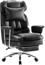 Sweetcrispy Executive Home Office Desk Chair - Ergonomic Big Tall High Back with Footrest & Lumbar Support, Reclining Height Adjustable, Comfy PU Leather Computer Gaming with Swivel Wheels, Black