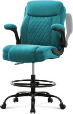 Big and Tall Drafting Chair for Standing Desk, Ergonomic High Office Chair with Adjustable Foot Ring, Flip-Up Armrests, Lumbar Support, Comfortable Fabric Seat for Home or Office Use – Gray