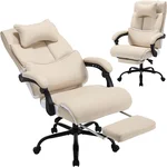 Fully Reclining Office Chair with Foot Rest, Ergonomic Executive Office Desk Chair with Lumbar Support and Headrest, 170° Reclining Recliner High Back Home Leather Computer Chair(Beige)