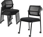 CLATINA Waiting Room Chair with Wheels Adjustable Mesh Backrest Stacking Armless Office Chair, Ergonomic Lumbar Support and Thickened Leather Seats Cushion for Home Conference Lobby School Black, 4PK