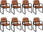 CLATINA Waiting Reception Chairs No Wheel, Leather Guest Chair with Padded Arms, Modern Brown Office Desk Chairs with Sled Base for Office Meeting Conference Room Lobby Home Living Room (8 Pack)