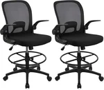 Drafting Chair Tall Office Chair, High Chair with Flip-up Armrests Executive Ergonomic Computer Standing Desk Chair with Adjustable Footrest Ring and Foldable Backrest Black 2Pack