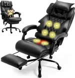 Massage Office Chair with Foot Rest,6 Points Vibration & Heat Executive Office Chairs,Big and Tall Leather Office Chair 500LBS,Ergonomic Desk Chair for Heavy People,Recliner with Dual-Use Pillow,Black