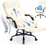Office Chair with Foot Rest, Executive Office Chair with Arms, Reclining Computer Chair with Wheels and Lumbar Support, PU Leather Comfy Swivel Chair for Home Office (White)