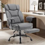 Grey Office Chair, Executive High Back Office Chair with Footrest 400 Lb Big and Tall Office Chair Ergonomic Home Office Desk Chairs Reclining Leather Chair with Lumbar Support, Gray