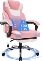 Big and Tall Office Chair with Footrest, 500LBS Ergonomic Executive Desk Chair with Extra Wide Seat, Adjustable Lumbar Support, High Back&Padded Armrests, Reclining Fabric Computer Chairs, Pinkwhite