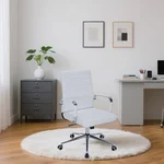 Leather Ribbed Office Desk Chair, Ergonomic Executive Conference Room Chairs with Wheels, Adjustable Swivel Computer Task Chair with Arms and Thick Padded Seat (White, Mid Back)
