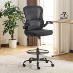 Karl home Drafting Chair Breathable Mesh Upholstory, Swivel Tall Office Desk Chair with Flip-Up Aremrests, Ergonomic Lumbar Support, Adjustable Foot Ring for Home or Drawing Use, Black