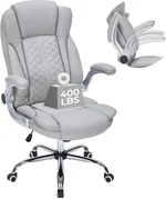 400lbs Executive Office Chair with Flip-Up Armrests, Big and Tall Computer Chair for Heavy People, Heavy Duty Ergonomic Comfy Chair, Breathable PU Leather (Grey)