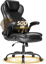 500LBS Big and Tall Office Chair for Heavy People, Ergonomic Heavy Duty Desk Chair with Large Seat, Breathable PU Leather Gaming Chair, Double Cushion & Flip-Up Armrests & Adjustable Height, Black