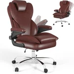 Hovos Executive Office Chair, Ergonomic Leather Desk Chair with Padded Flip-up Arms, Big and Tall Office Chair with Lumbar Support, Adjustable Height & Tilt, Brown