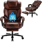 500lbs Big Tall Reclining Office Desk Chairs with Footrest Back Support PU Leather Plus Size Wide Seat Recliner Desk Chair for Heavy People, Brown