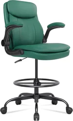 Misolant Drafting Chair, Tall Office Chair for Standing Desk, High Leather Executive Office Chair with Adjustable Height and Flip-up Armrest for Counter Height Desk Green