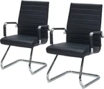 Black Waiting Room Guest Chair No Wheels, Leather Conference Room Reception Chair with Back Support, Ergonomic Desk Chairs with Sled Base, Set of 2, Black.