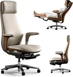 TOMU Executive Office Chair with Foot Rest, Top Grain Genuine Leather Office Chair, Ergonomic High Back Design. Real Leather, Wheels, Alumium Base. Padded Armrest, Luxury and Comfy (Beige)
