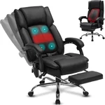 Massage Heated Office Chair with Footrest 4 Points Vibration,Reclining Executive Desk Chair Lumbar Support Adjustable, Big and Tall Chairs for Heavy People 500lbs, PU Leather,Height Ergonomic Black