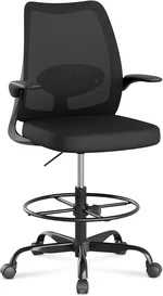 Drafting Chair,Tall Office Chair with Adjustable Footrest Ring,Lumbar Support,Ergonomic High Desk Seat,Flip-Up Armrests,Breathable Mesh Standing Stool for Home Office,Black