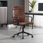Okeysen Real Leather Office Desk Chair, Mid-Century Modern Real Leather Conference Room Chairs, Ergonomic Executive Ribbed Height Adjustable Swivel Rolling Chair for Home Office.